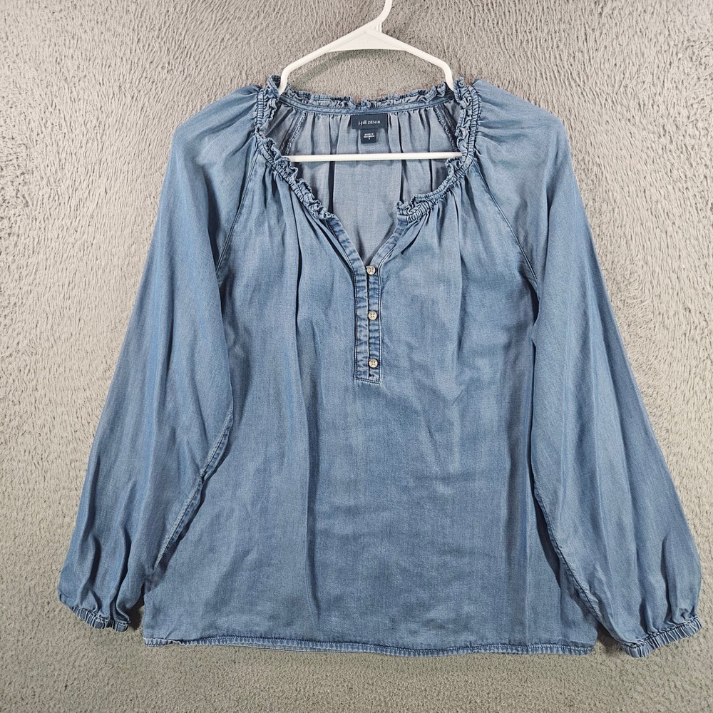 J. Jill Denim Women Blue 100% Tencel Lyocell Ruffle Neck Henley Blouse Small